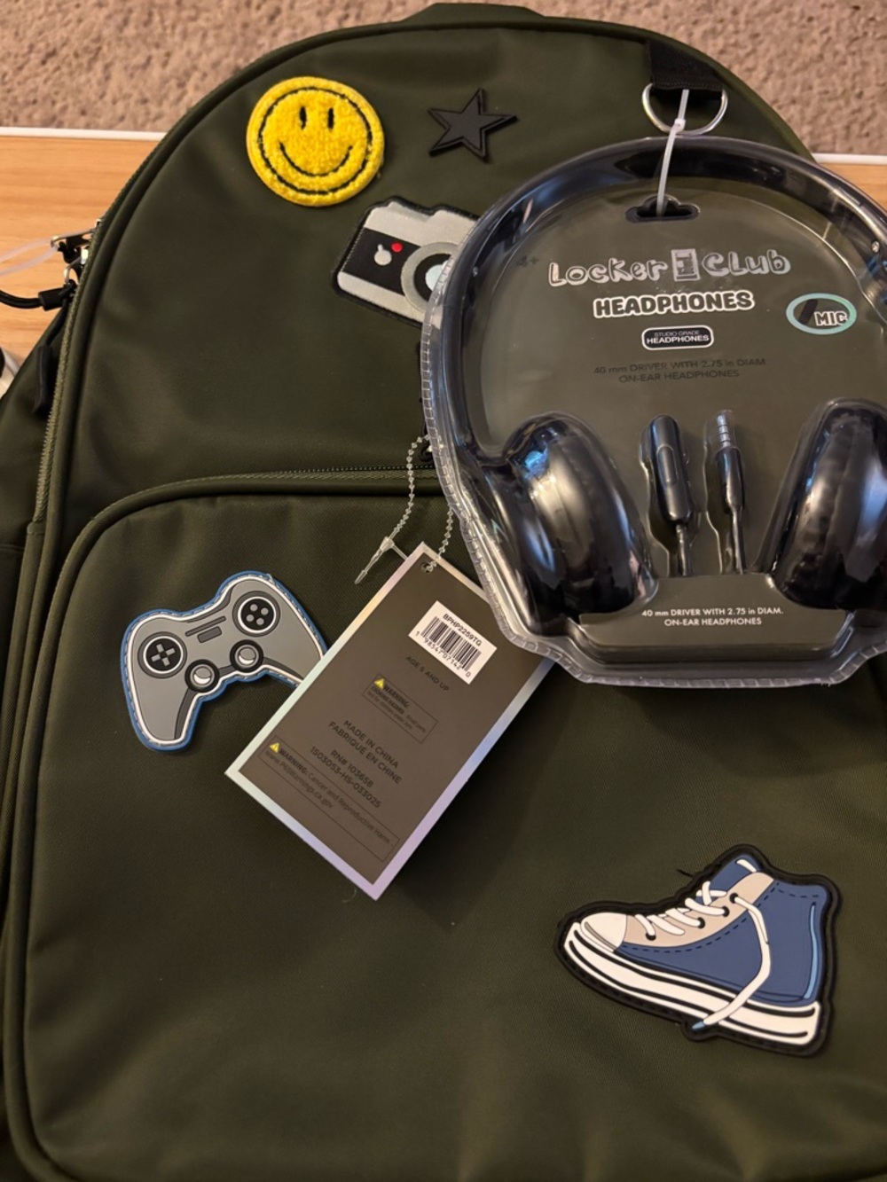 Locker Club Olive Green Boys Backpack with Patch Accents, Headphones.